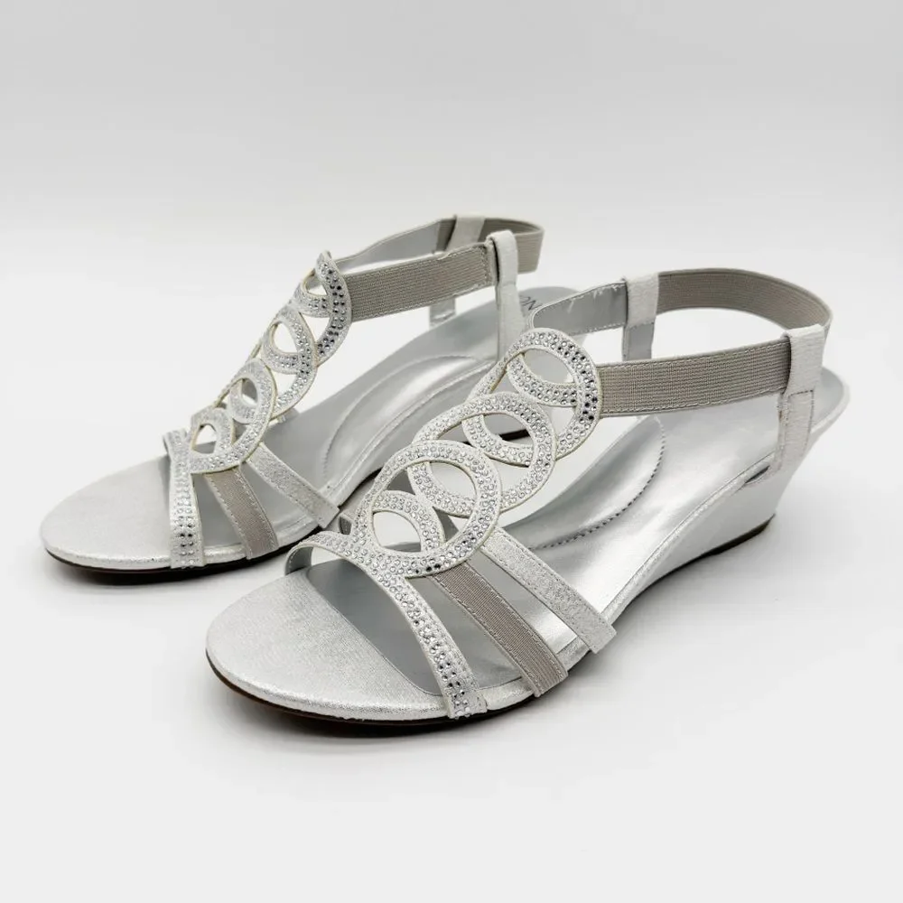 Jones New York Denice Strappy Bling Wedge Sandals Elastic Ankle Silver 7.5 NEW